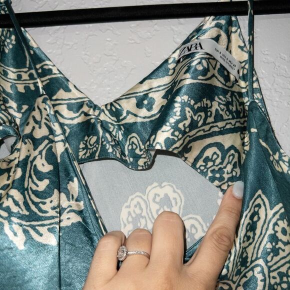 Zara Green & Cream Paisley Silk Slip Dress Size Small - Picture 7 of 8